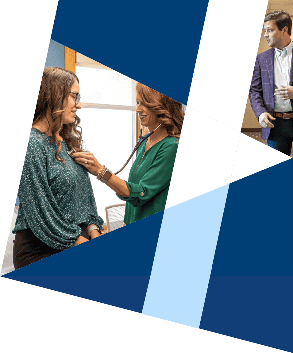 Physician caring for patient and doctor walking down hallway photo collage