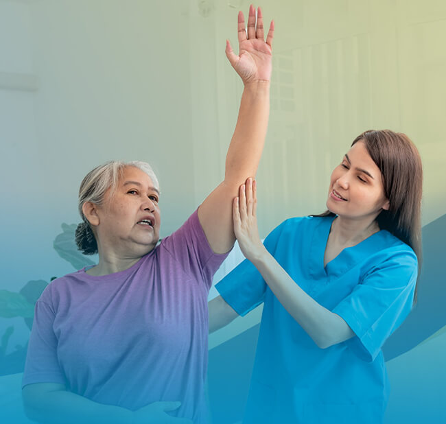 A patient lifting up their arm for their shoulder to be examined