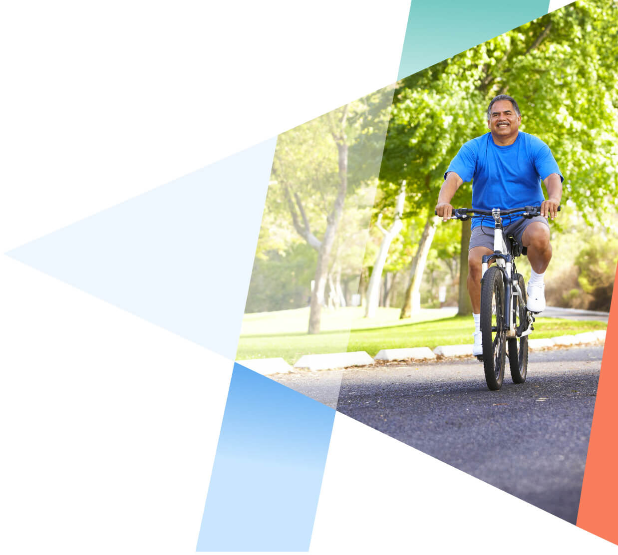 Middle-aged man riding his bike on a sunny day with focus on foot pedaling