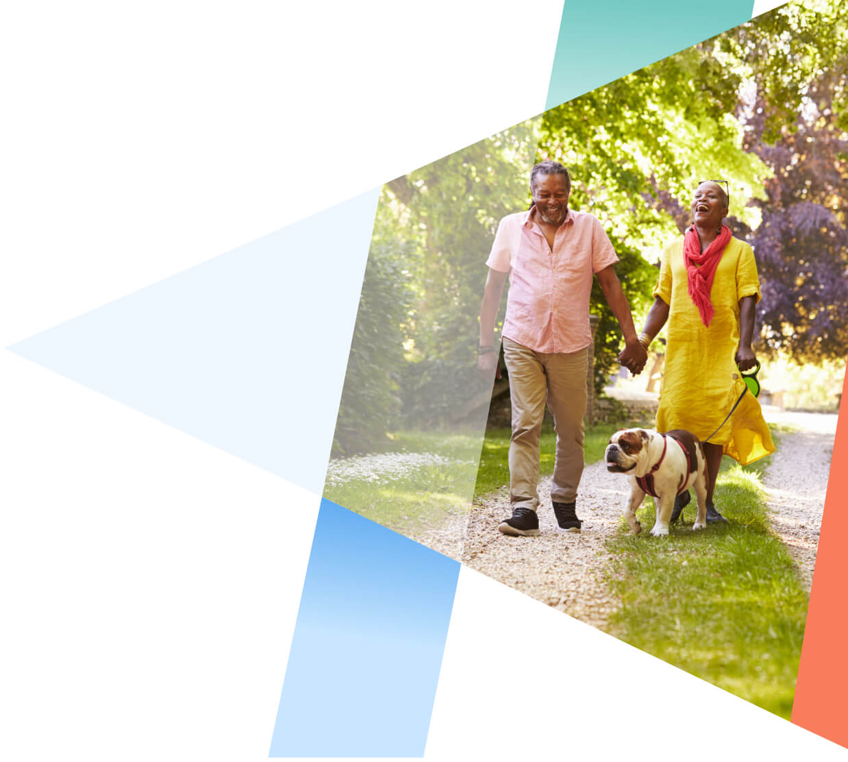 Happy couple walking their dog wearing bright colors focus on hips